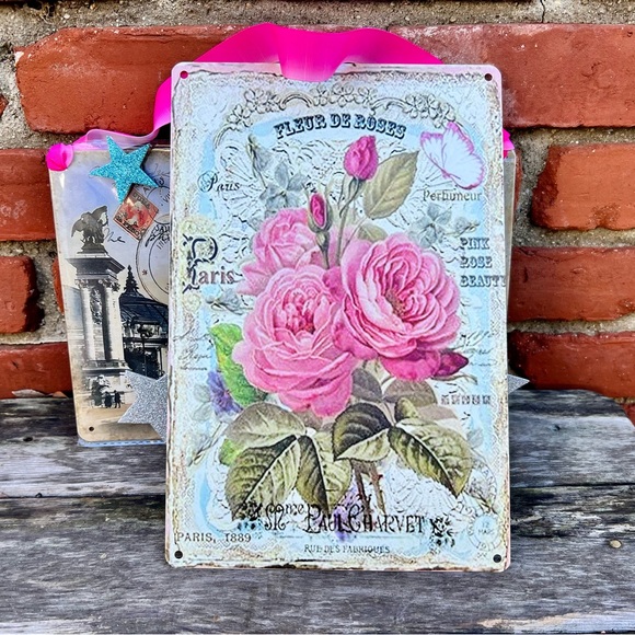 Vintage Style Pink Cabbage Rose Decorative Wall Tin NEW - Picture 2 of 3